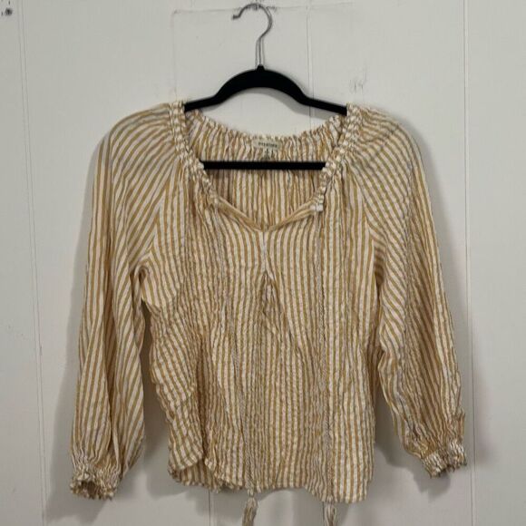 Max Studio Yellow Striped Seersucker Peasant Top Small - Picture 1 of 4